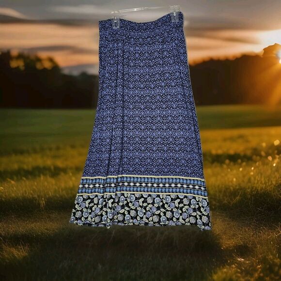 J. Jill Blue Floral Maxi Skirt Size Small Stretch Pockets Elastic Waist Soft - Picture 1 of 9